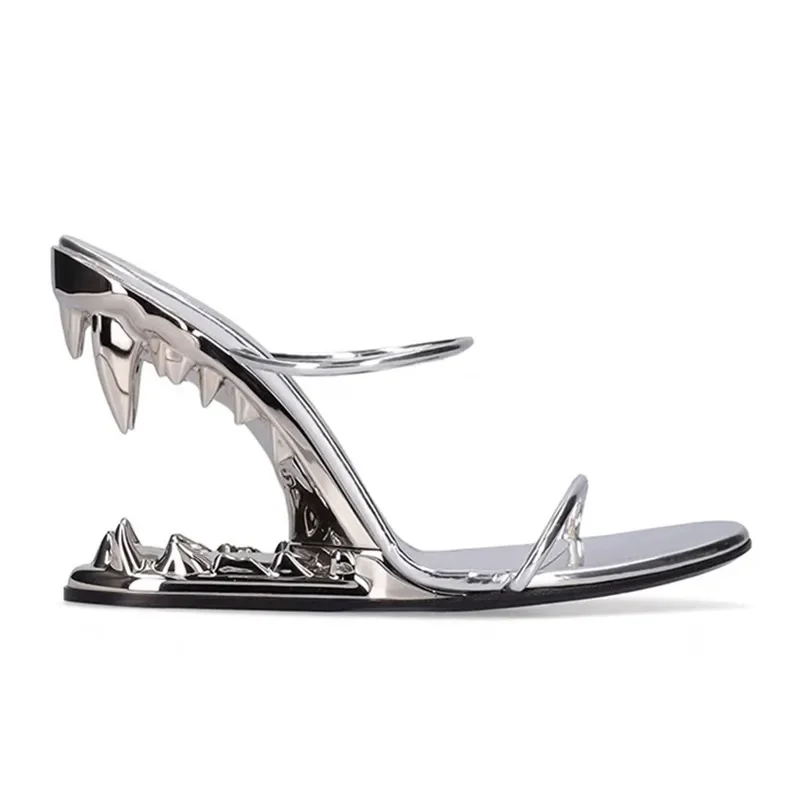 Top Trends: 2023 European And American Summer New Fashion Metal Teeth Sandals With Profiled Heels, High-heeled Runway Show, Women's Sandals Shoppable Styles