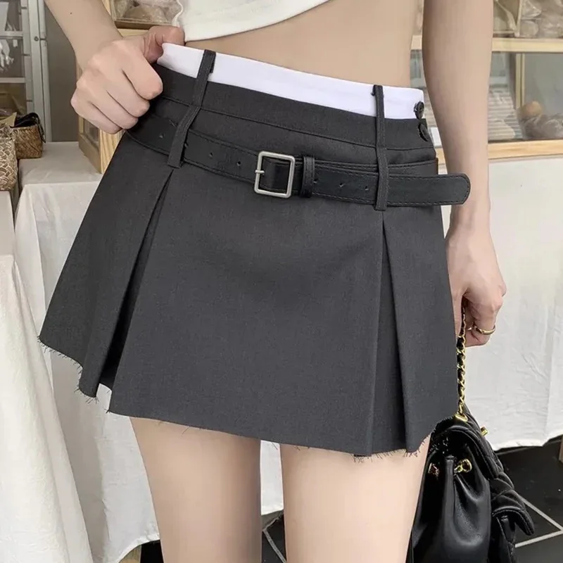 Top Trends: HOUZHOU Belt Pleated Mini Skirt Women Korean Style Preppy Summer Patchwork High Waist Casual A-line Skirt Shorts Streetwear Shoppable Styles