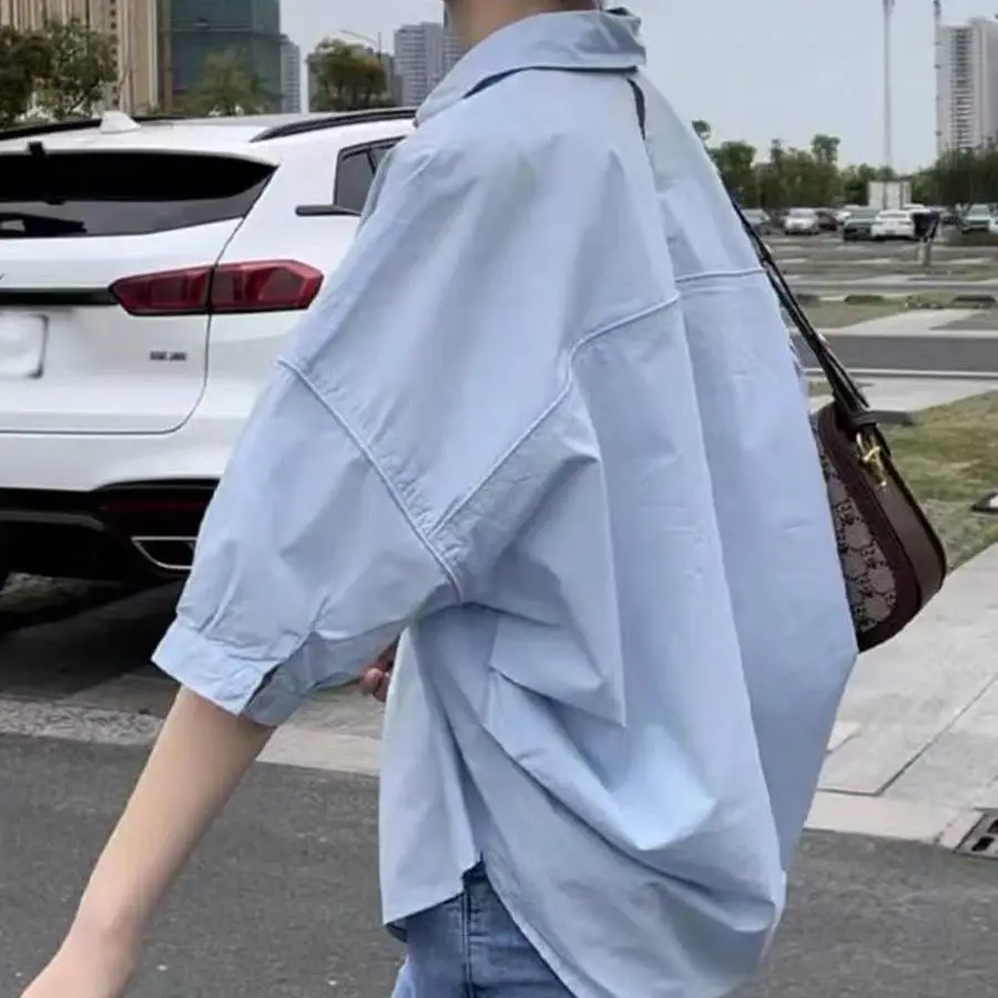 Top Trends: Cotton Mid-sleeve Thin Woman Blous Shir 2024 Summer New Loose Fashion Irregular Shirt Casual Vacation Top Korean Women's Clothes Shoppable Styles - Image 6