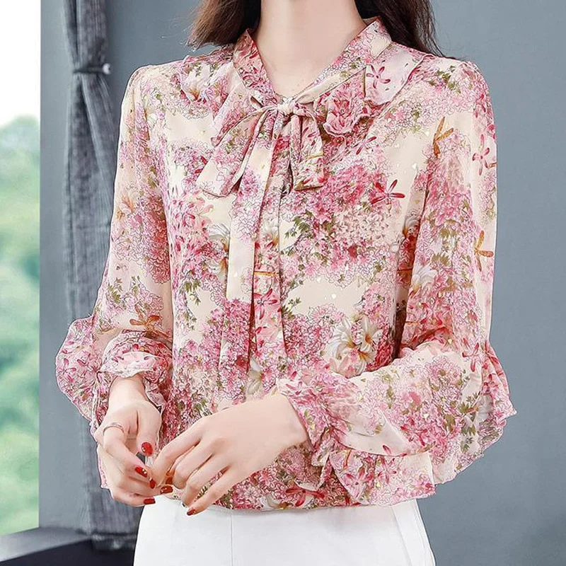 Top Trends: Elegant Floral Chiffon Blouses Spring Summer New Long Sleeve Bow Loose Plus Size Shirts Comfortable Fashion Trend Women Clothing Shoppable Styles