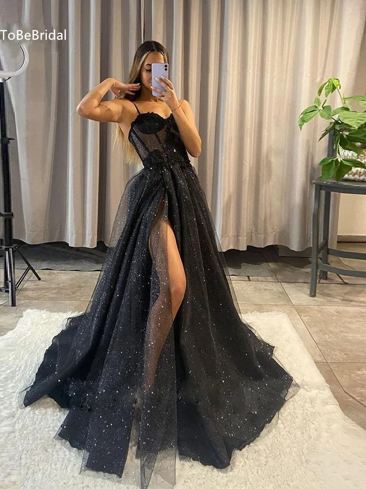 Top Trends: Shiny Tulle Evening Dress 2023 Sexy Black V-Neck StrapLlace Applique Party Dress A-line High Side Slit Formal Occasion Prom Gown Shoppable Styles