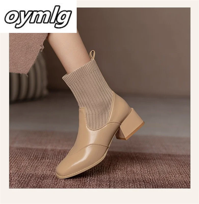 Top Trends: Short Boots Autumn Winter New Square Headed Knitted Elastic Women's Boots Fashionable And Simple Shoes Female Boots Shoppable Styles - Image 4