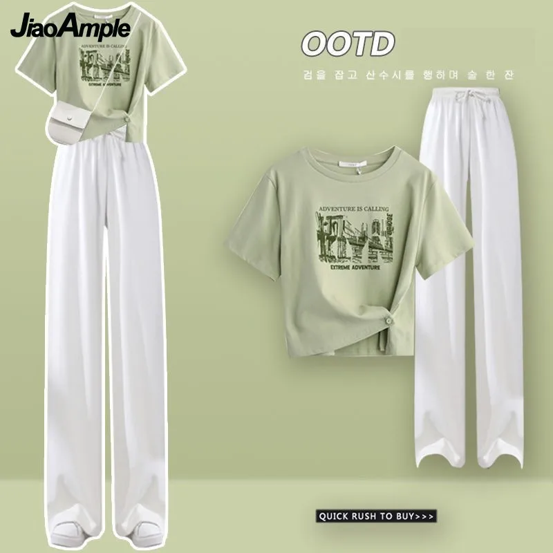 Top Trends: Women&#039;s Tracksuit 2023 New Fashion Short Sleeve Top+ Wide Leg Pants Two Piece Korean Elegant Summer Matching Set Female Clothing Shoppable Styles