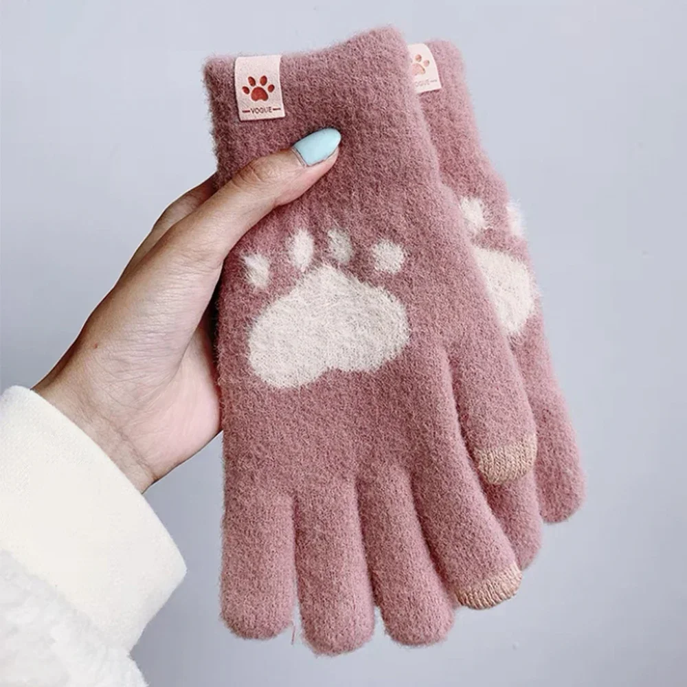 Top Trends: 2023 Cute Rabbit Ear Gloves Women Girls Touchscreen Knitted Soft Fluffy Thick Full Fingers Mittens Cute Cat Paw Printing Glove Shoppable Styles