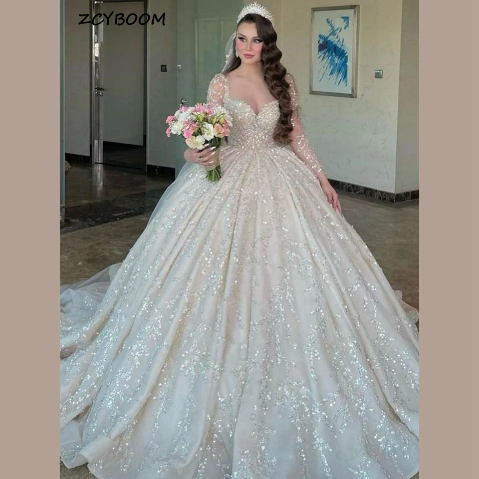 Top Trends: Gorgeous Lvory Sweetheart Sequin Lace Up Wedding Dress 2024 Sweep Train Floor Length Tulle Long Sleeves Custom Made Bridal Gown Shoppable Styles