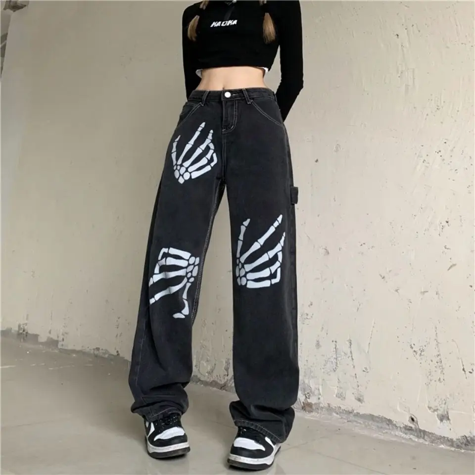 Top Trends: Hiphop Streetwear Women Black Jeans Spring Autumn New Straight Pants Y2K Vintage Loose Oversize Print Casual Wide Leg Trousers Shoppable Styles