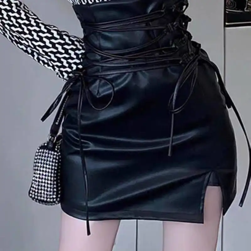 Top Trends: Spice Girl Strap High Waist Small Leather Skirt Women's 2022 New Spring Dress Wear Small Split Leather Skirt Sexy Skirts Shoppable Styles