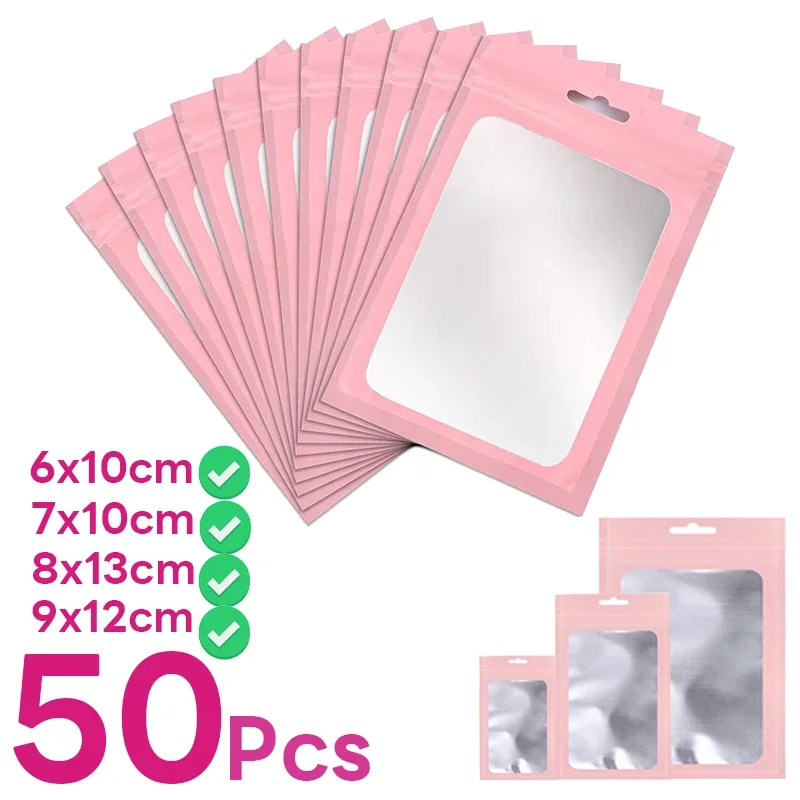 Top Trends: 50Pcs Pink Plastic Matte Pink Aluminum Foil Zip Lock Packaging Bag Jewelry Necklace Storage Pouch Small Sachets Food Sample Bags Shoppable Styles