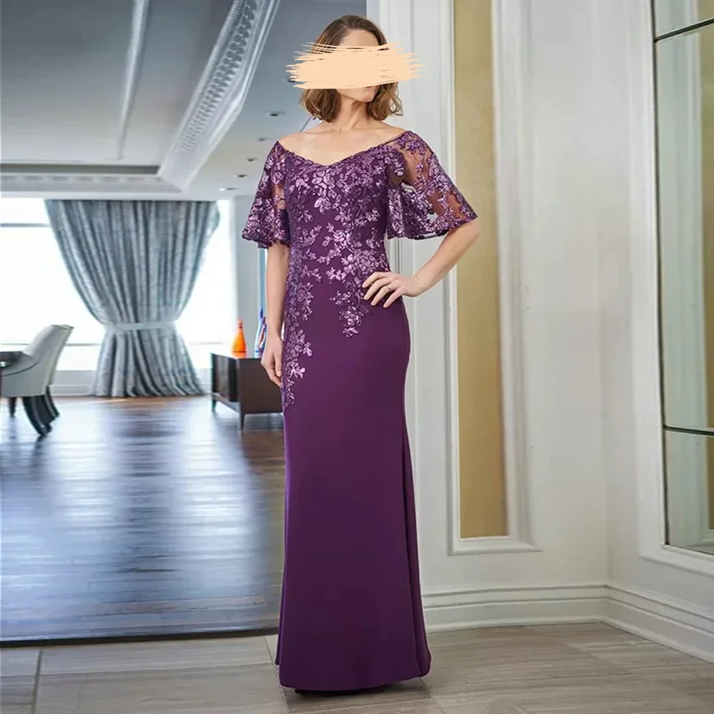 Top Trends: Elegant Purple Mother Of The Bride Dresses V-Neck Half Sleeve Sequined Lace Appliques Mom Gowns Glitter Sheath Long Prom Dress Shoppable Styles