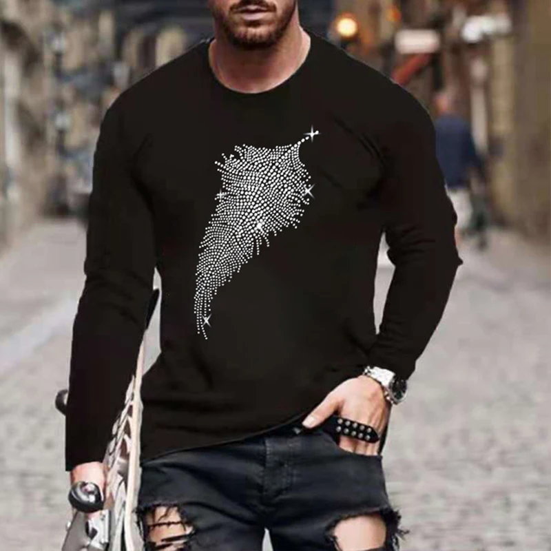 Top Trends: Mens Fashion Oversized T-Shirts Feather Hot Drill Tee Tops Short Sleeve O-Neck Rhinestone Club Men Clothes Tshirt Quality Y2K Shoppable Styles