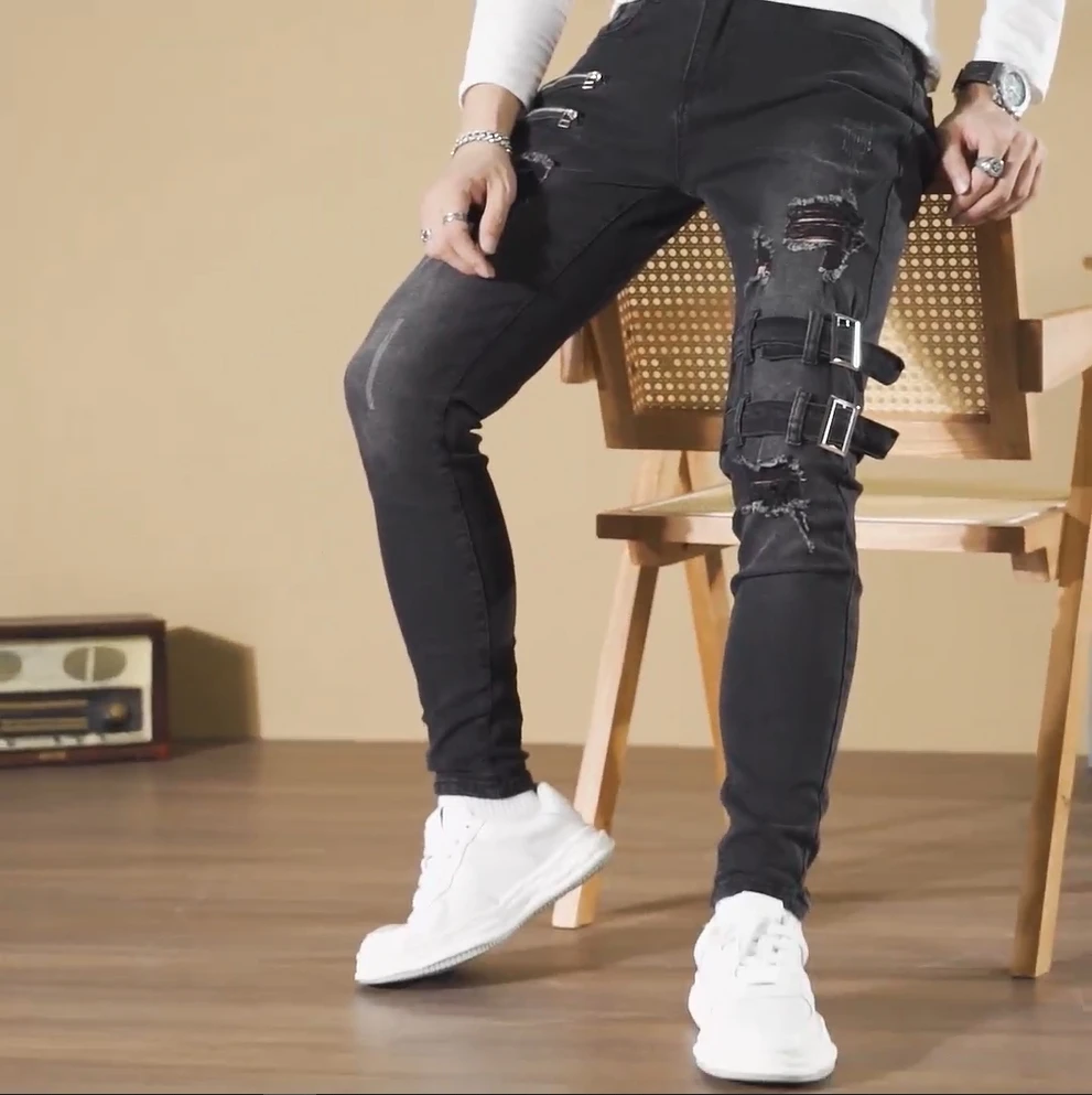 Top Trends: Straight Jeans Men Punk Skinny Denim Pants Spring Summer Boyfriend Jeans Streetwear Zipper Slim Fit Black Goth Trousers Shoppable Styles