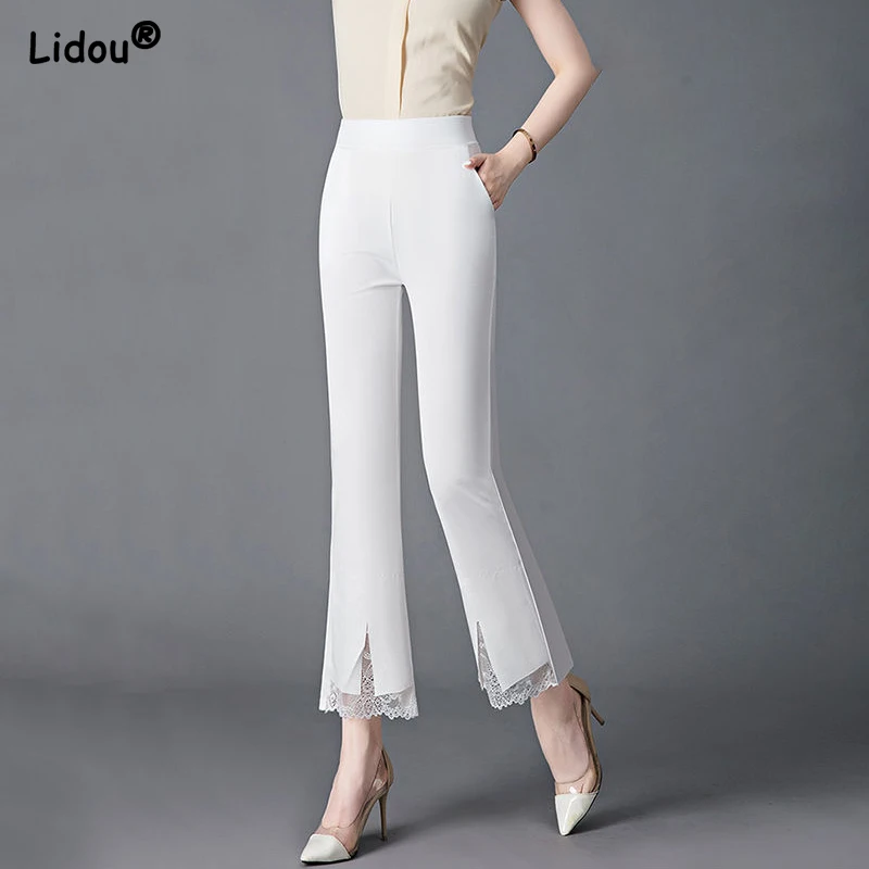 Top Trends: Office Lady Lace Patchwork White Elastic Waist Boot Cut Pants Summer Solid Color Wild Popularity Comfortable Women Clothing 2022 Shoppable Styles