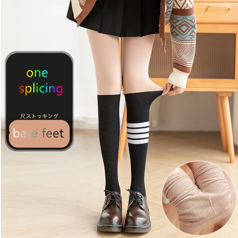 Top Trends: Striped Stitching Bare Leg Pantyhose Autumn And Winter Flesh-colored Stockings Women's Plus Velvet Thickening Bottoming Socks Shoppable Styles