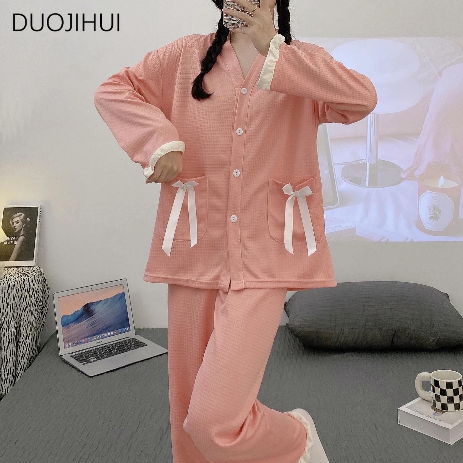 Top Trends: DUOJIHUI Sweet Two Piece Casual Home Pajamas For Women Korean Chic V-neck Cardigan Basic Pant Fashion Simple Female Pajamas Sets Shoppable Styles