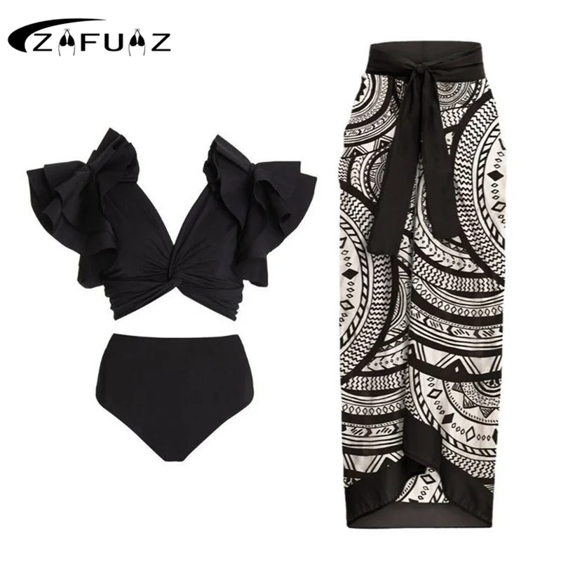 Top Trends: ZAFUAZ Sexy 2024 Ruffle Two Piece Women Swimwear Bikini Swimsuit Summer Beach Skirt High Waist Bikinis Set Bathing Suit Dress Shoppable Styles