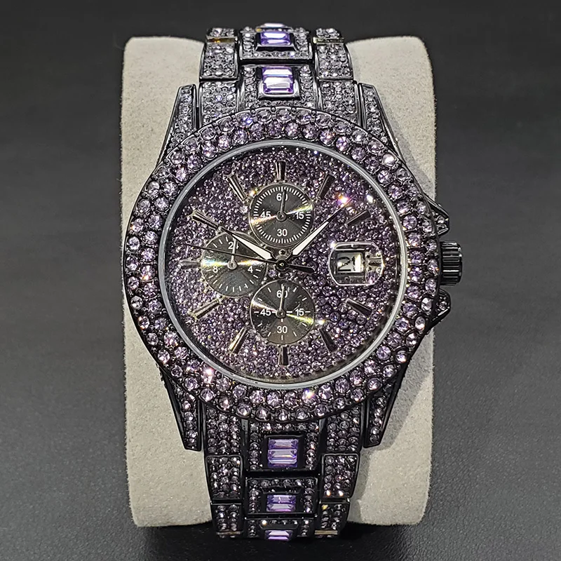 Top Trends: 2023 New Design Diamond Watch For Men Luxury Colorful Rhinestone Purple Blue Green Quartz Watches Hip Hop Fashion Iced Out Clock Shoppable Styles