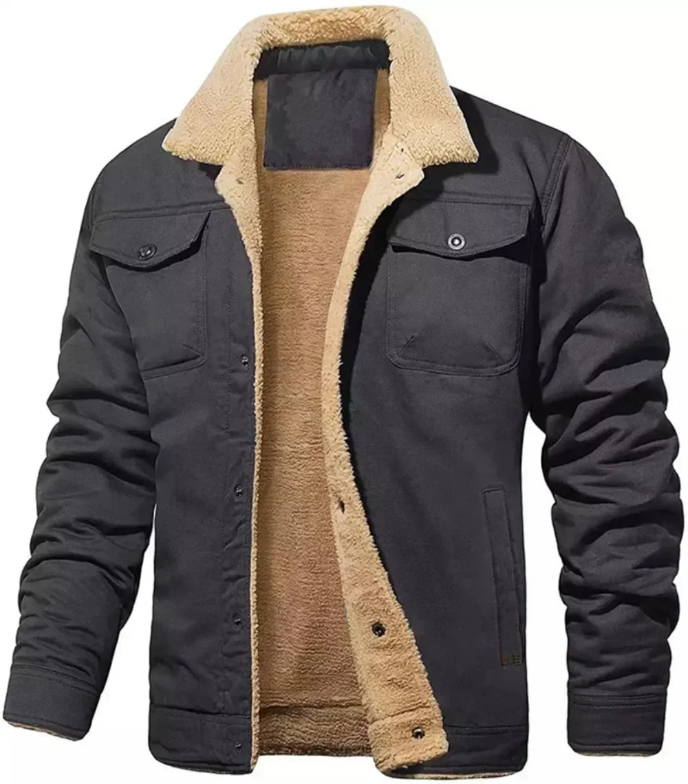 Top Trends: Winter Men Thick Warm Parka Jacket Wind-Resistant Casual Outwear Coat Solid Male Fleece 4 Pockets Lapel Collar Trucker Shoppable Styles