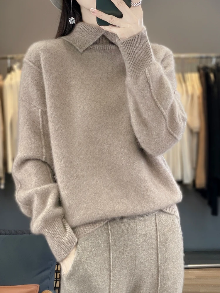 Top Trends: Women Pullover Sweater Autumn Winter Thick Warm 100% Merino Wool Turn-down Collar Solid Cashmere Knitwear Korean Style Clothes Shoppable Styles