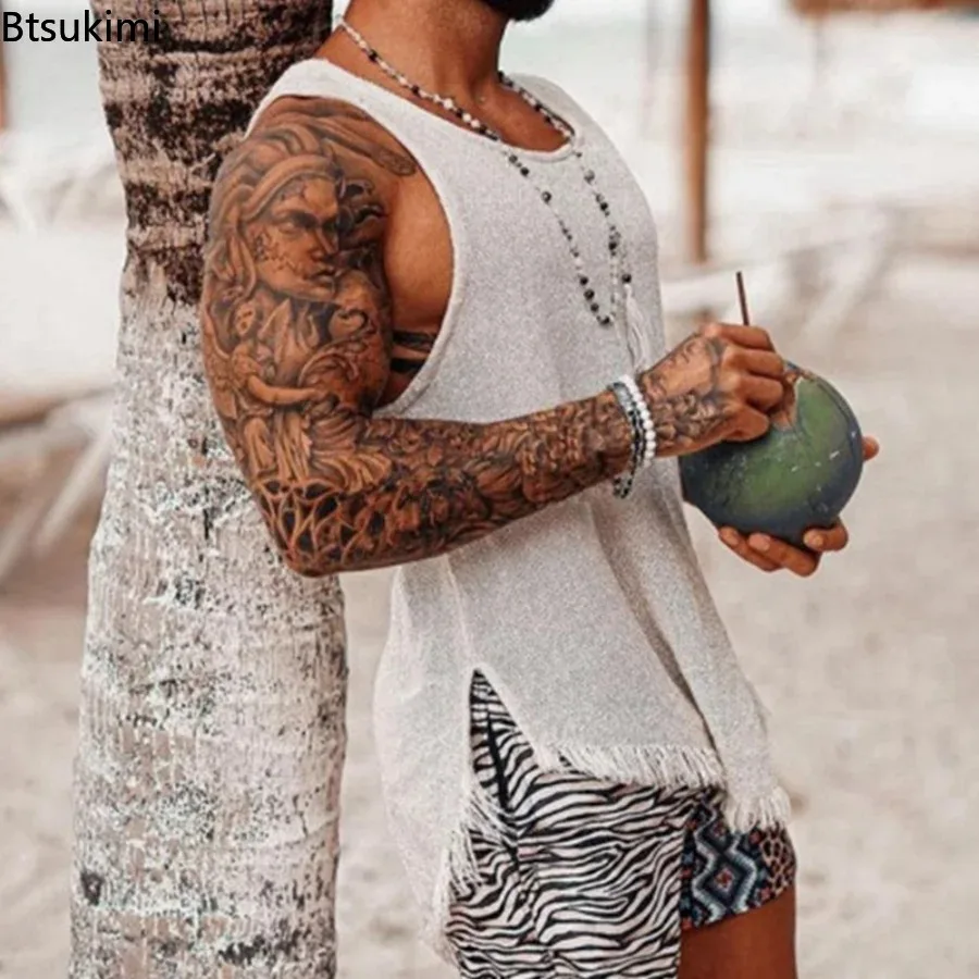 Top Trends: New 2024 Summer Vintage Ripped Knitted Tank Tops Men Slit Design Vest Shirt Sleeveless O-Neck Pullover Top Men Gym Clothing 3XL Shoppable Styles