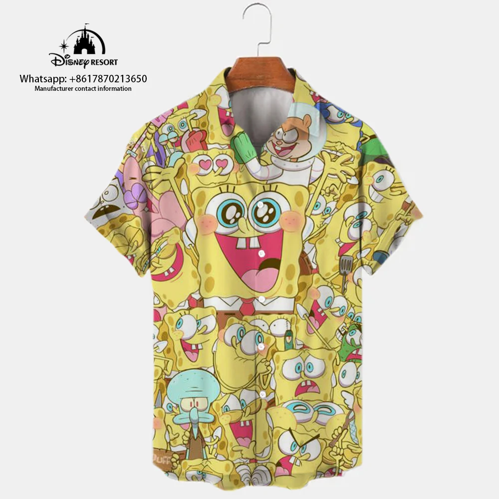 Top Trends: 2023 Summer New Harajuku Casual Shirt Cute Spongebob Anime Street Trend Versatile Men&#039;s Lapel Short Sleeve Shirt Shoppable Styles