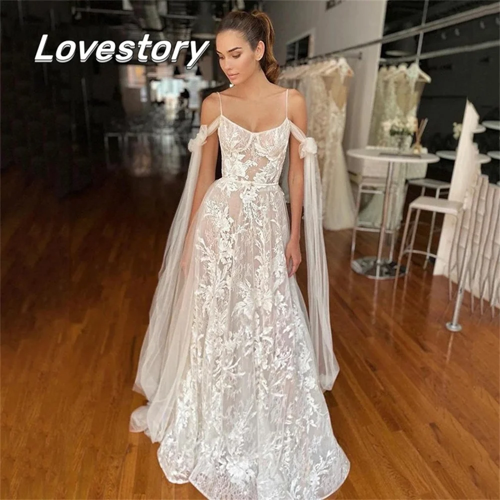 Top Trends: A-Line Spaghetti Strap Wedding Dresses Lace Sexy Sweetheart Bridal Robe Boho Applique Bridal Gown Off Shoulder Vestidos De Noiva Shoppable Styles