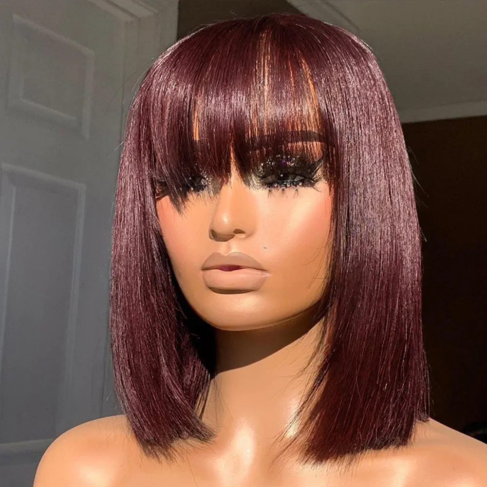 Top Trends: 99J Red Short Human Hair Wig With Fringe Straight Remy Hair Bob Wigs With Bangs Brazilian Short Bob Wigs For Women Colored Wigs Shoppable Styles