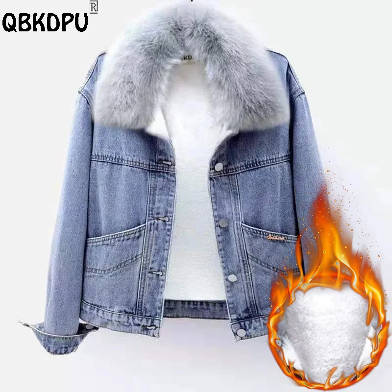 Top Trends: Faux Fur Collar Winter Denim Jackets Women Plus Velvet Warm Casual Jean Thicken Coats Letter Snow Wear Blue Vaqueras Chaquetas Shoppable Styles