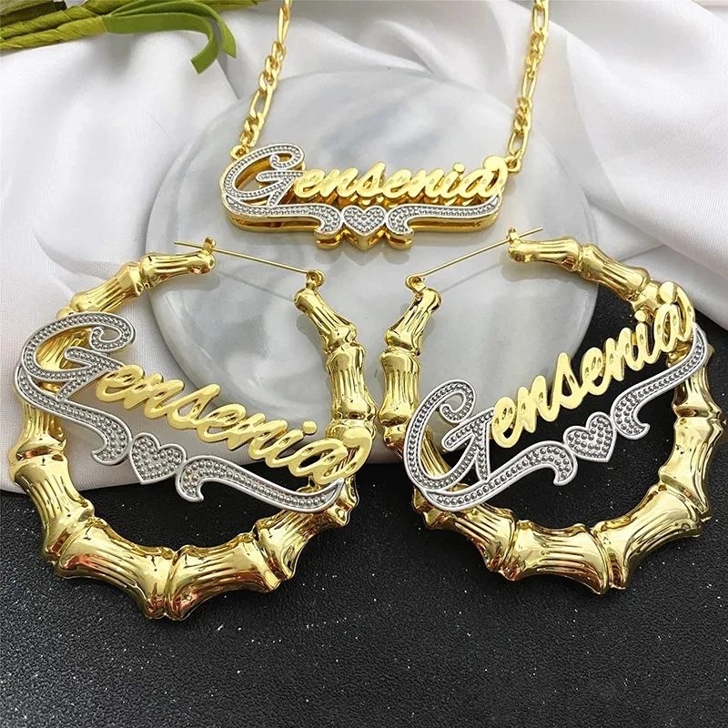 Top Trends: Customized Jewelry Sets 14K Gilded Nameplate With Heart Jewelry Set Stainless Steel Personalized Name Necklace Bamboo Earrings Shoppable Styles