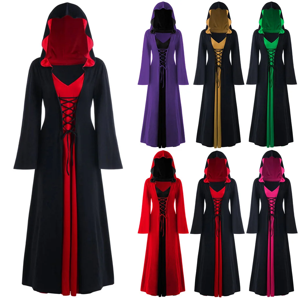 Top Trends: Medieval Dress For Women Lace-up Vintage Hooded Cloak Robe Adult Costume Retro Cosplay Halloween Scary Vampire Witch Long Dress Shoppable Styles