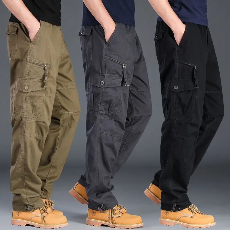 Top Trends: Men's Casual Cargo Pants Zipper Multi-Pocket Tactical Military Army Straight Loose Trousers Male Overalls Elastic Waist Pants Shoppable Styles