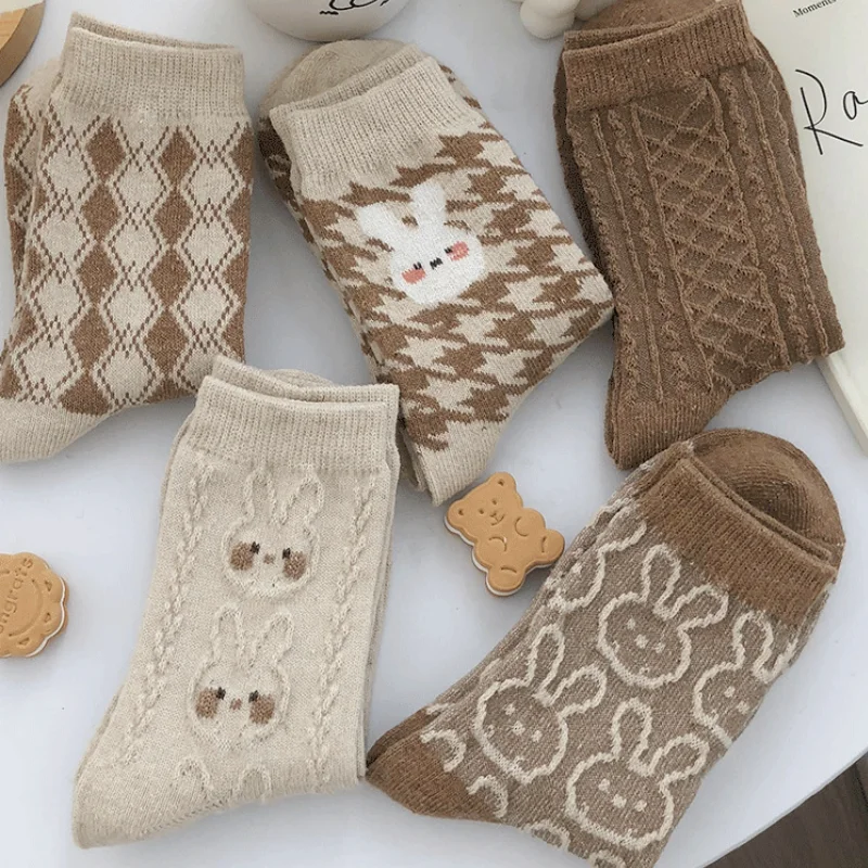 Top Trends: Autumn And Winter Warm Women's Medium Tube Socks Cute Rabbit Diamond Shaped Original Socks Coffee Color Series Shoppable Styles