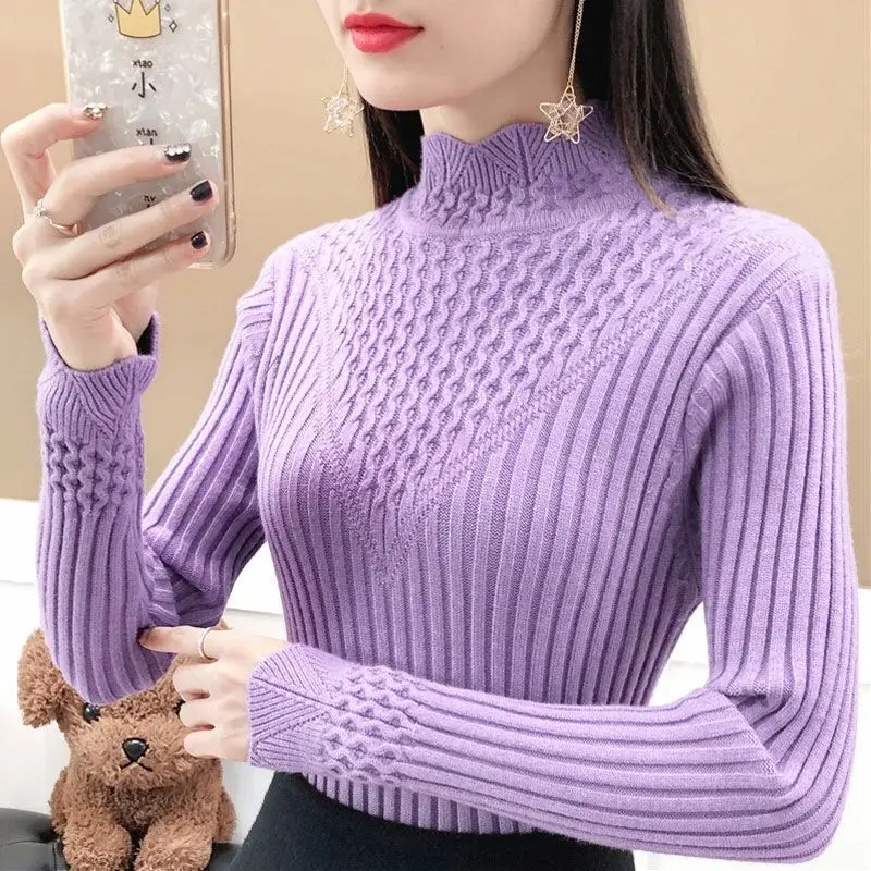 Top Trends: Elegant Stand Collar Spliced Wave Cut Solid Color Sweaters Women's Clothing 2023 Winter Loose Casual Pullovers Office Lady Tops Shoppable Styles