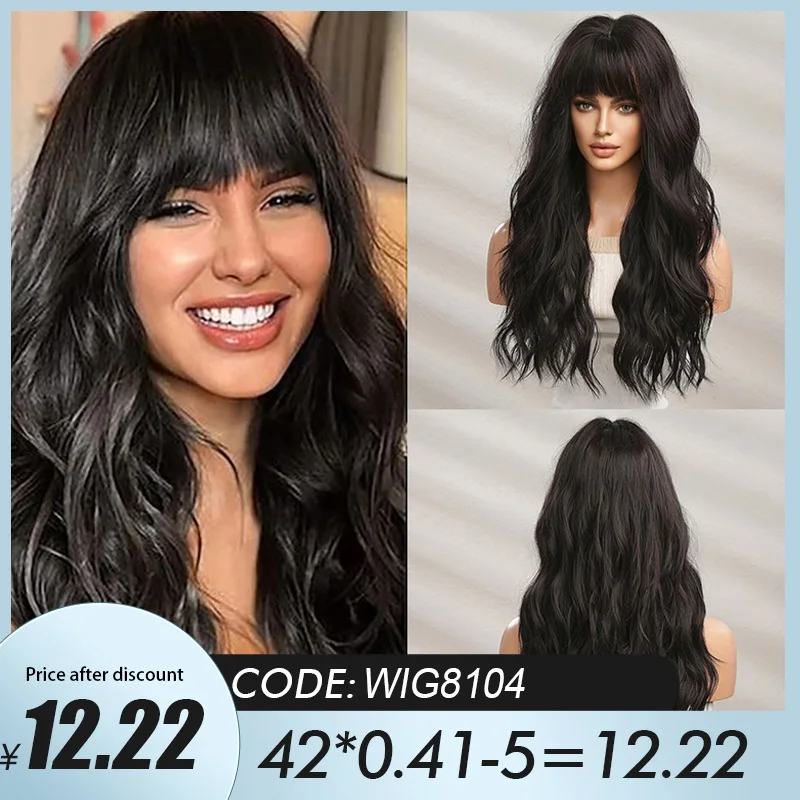 Top Trends: CharmSource Black Wigs Long Natural Wavy Wig With Neat Bangs / Fringe For Women Synthetic Wigs Cosplay Party Heat Resistant Fibre Shoppable Styles