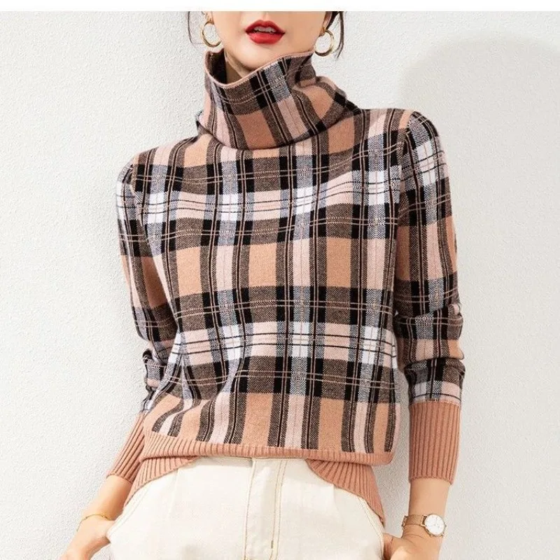 Top Trends: Women&#039;s Pullover Striped Plaid Knit Autumn And Winter Fashion High Neck Long Sleeved Patchwork Sweater Loose Office Lady Tops Shoppable Styles