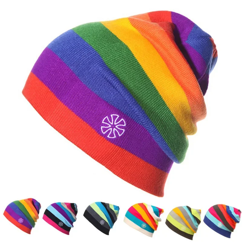 Top Trends: Helisopus Winter Rainbow Striped Warm Knitted Hat Without Brim Winter Ski Hat Fashion Color Men And Women Warm Elastic Hat Shoppable Styles