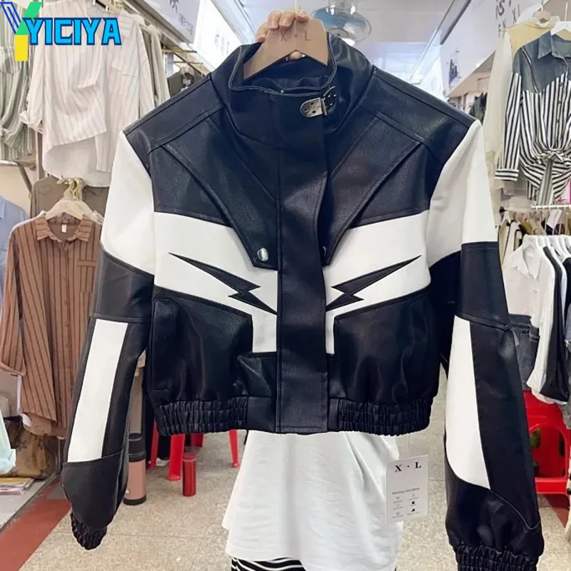 Top Trends: YICIYA Leather Jacket Lightning Pattern Parkas Coats Racing Bomber Women Winter Varsity Baseball Jackets Oversize Coat Vintage Shoppable Styles