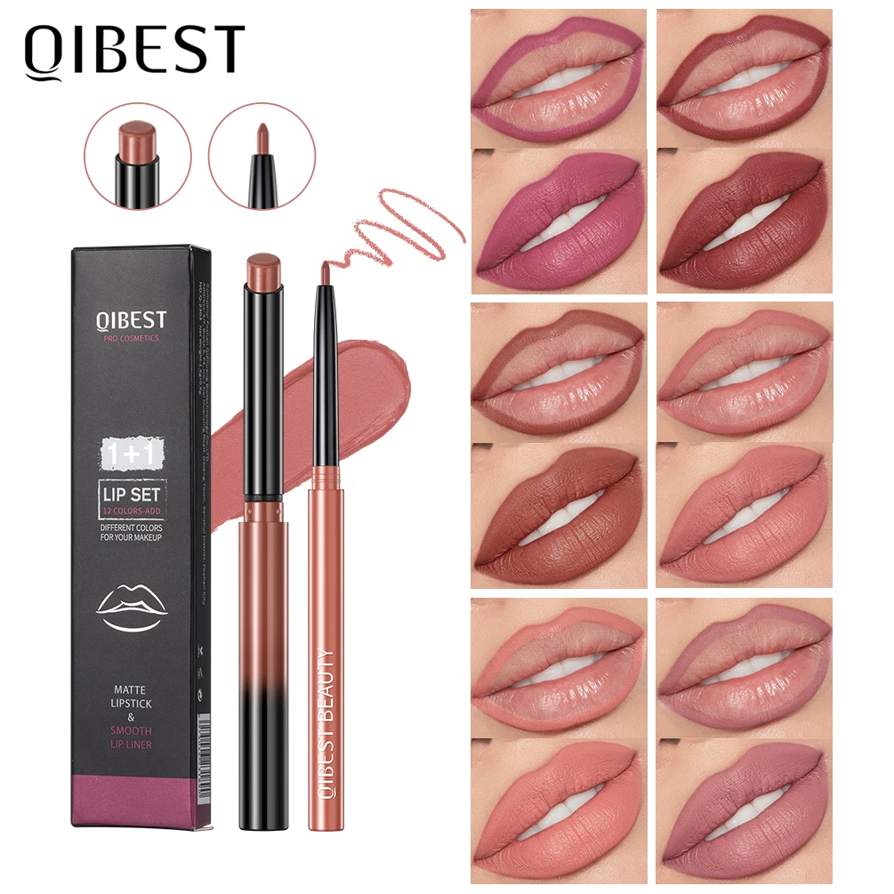 Top Trends: QIBEST 2pcs Lipstick Lipliner Pen Set Matte Velvet Lip Liner Pencil Contour Makeup Sexy Red Lip Stick Long Lasting Cosmetics Shoppable Styles