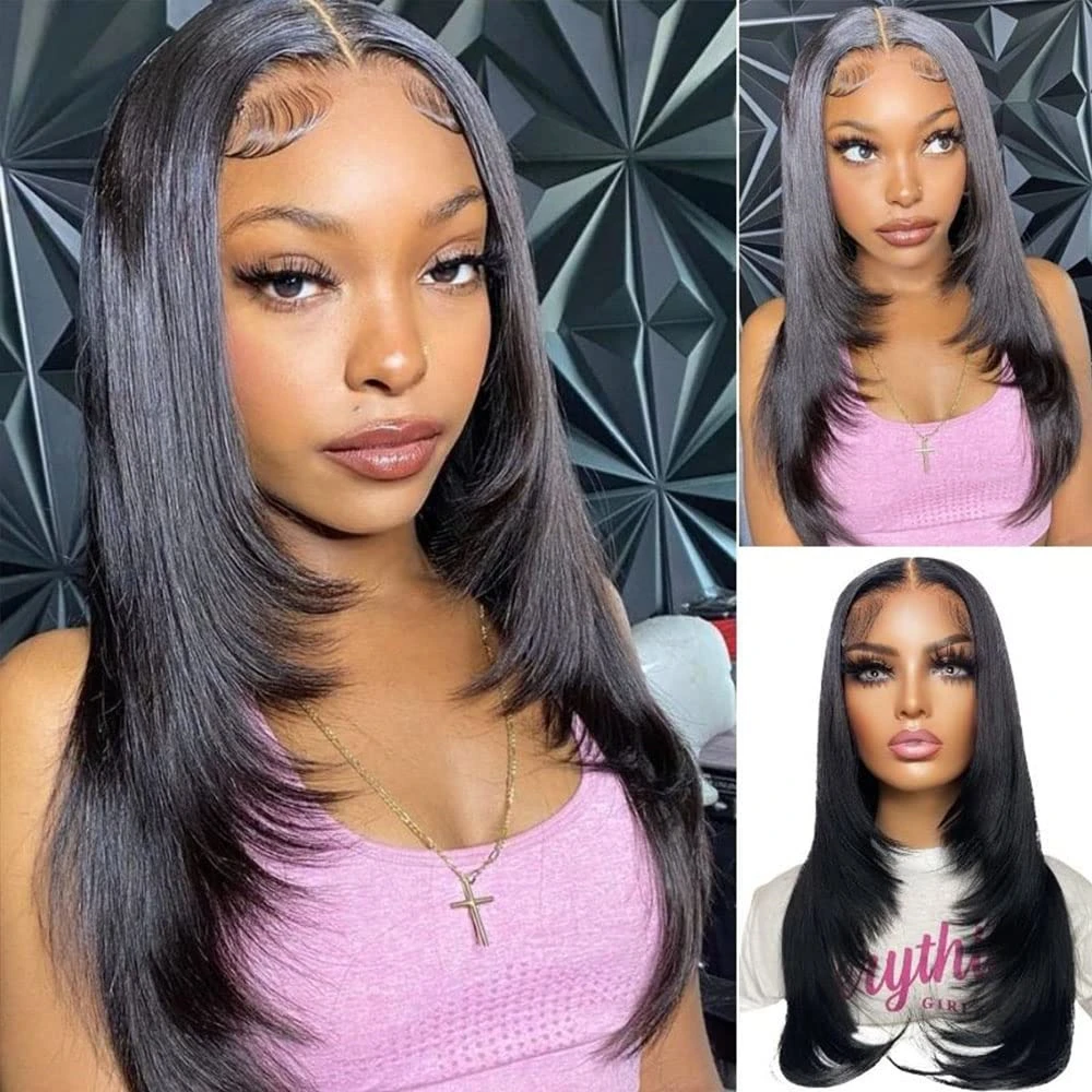 Top Trends: Layered Cut Lace Front Wig Straight Cute Brazilian Human Hair For Women Layered Wig Human Hair Lace Frontal Wigs 180% Density Shoppable Styles