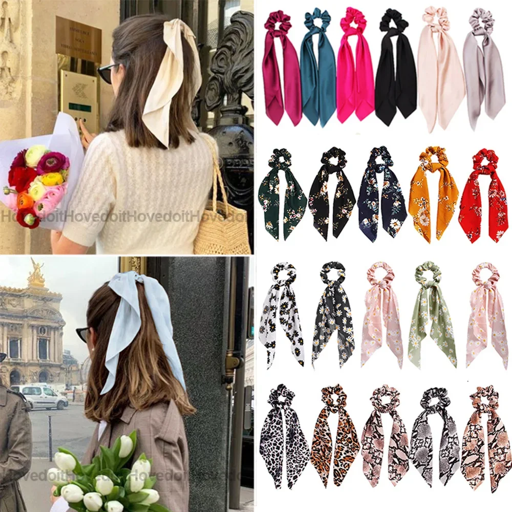 Top Trends: Fashion Solid Color Bow Satin Long Ribbon Ponytail Scarf Hair Tie Scrunchies Women Girls Elastic Hair Bands Hair Accessories Shoppable Styles