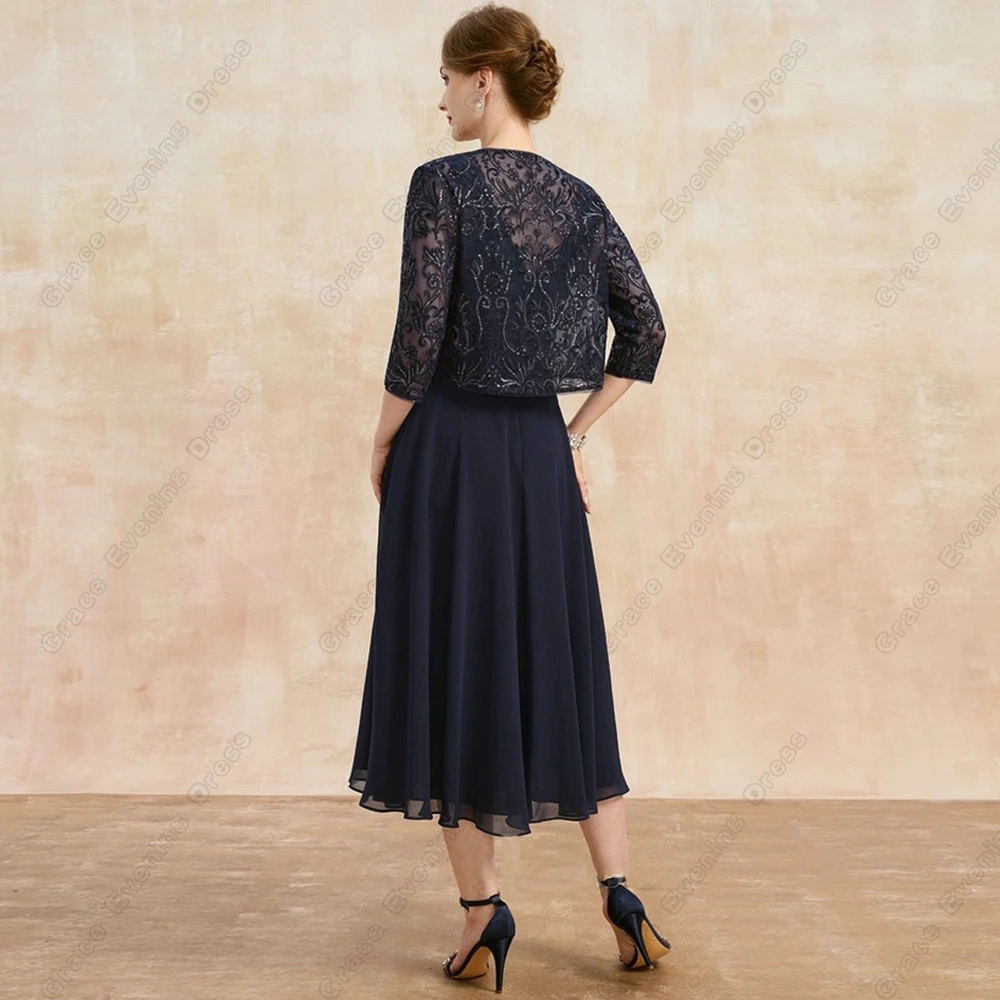 Top Trends: Navy Blue Three Quarter Mother Of Bride Dresses With Lace 2023 Summer New Chiffon Wedding Party Dresses Tea Length 2024 Zipper Shoppable Styles - Image 2