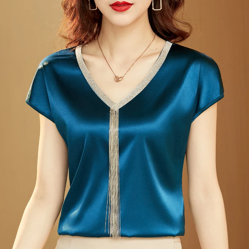 Top Trends: Shirts And Blouses Fashion Woman 2023 Silk Tops Solid V-neck Satin Bat Sleeve For Women Elegant Office Lady Loose Casual 15494 Shoppable Styles