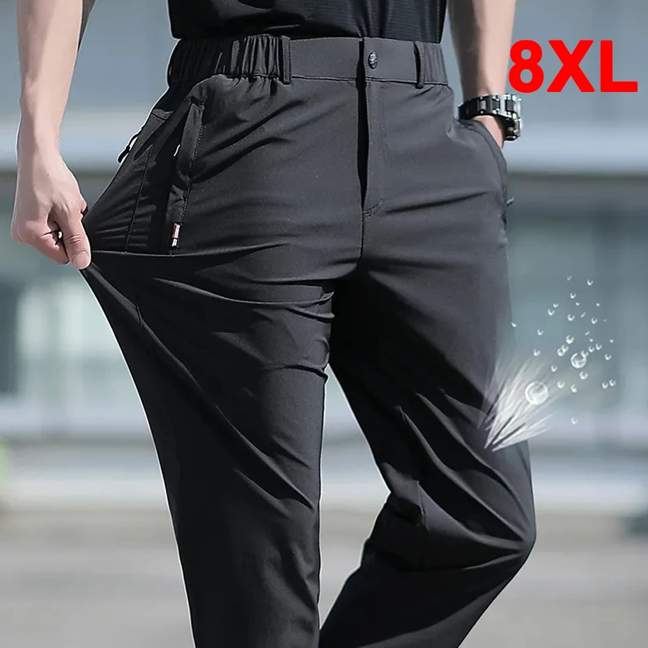 Top Trends: Summer Cool Pants Men Ice Silk Pants Stretch Breathable Straight Leg Pant Plus Szie 8XL Quick Dry Elastic Waist Trousers Slim Shoppable Styles