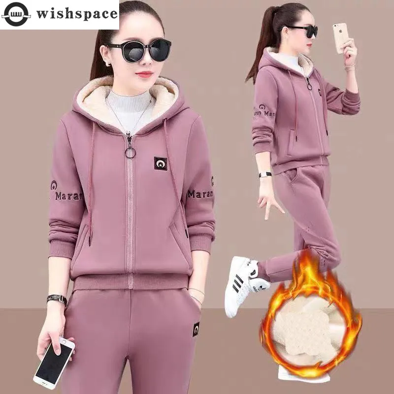 Top Trends: Korean Popular Autumn And Winter New Plush Thick Hoodie Casual Trousers Two-piece Elegant Women&#039;s Running Sports Suit Pants Set Shoppable Styles