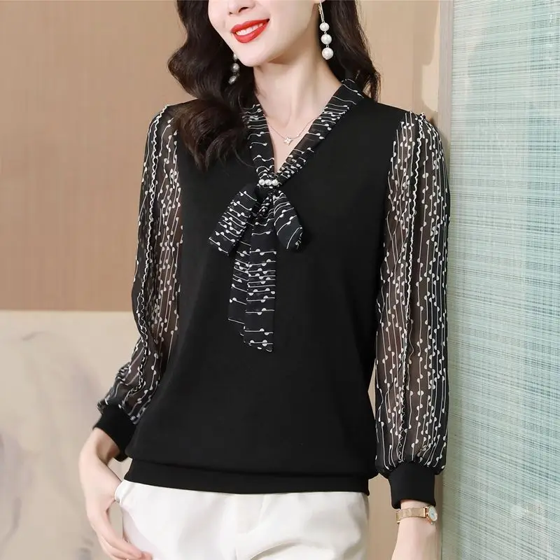 Top Trends: Female Clothing Broken Flowers Printed Blouse Commute V-Neck Fashion Drawstring Bow Beading Spring Patchwork Long Sleeve Shirt Shoppable Styles