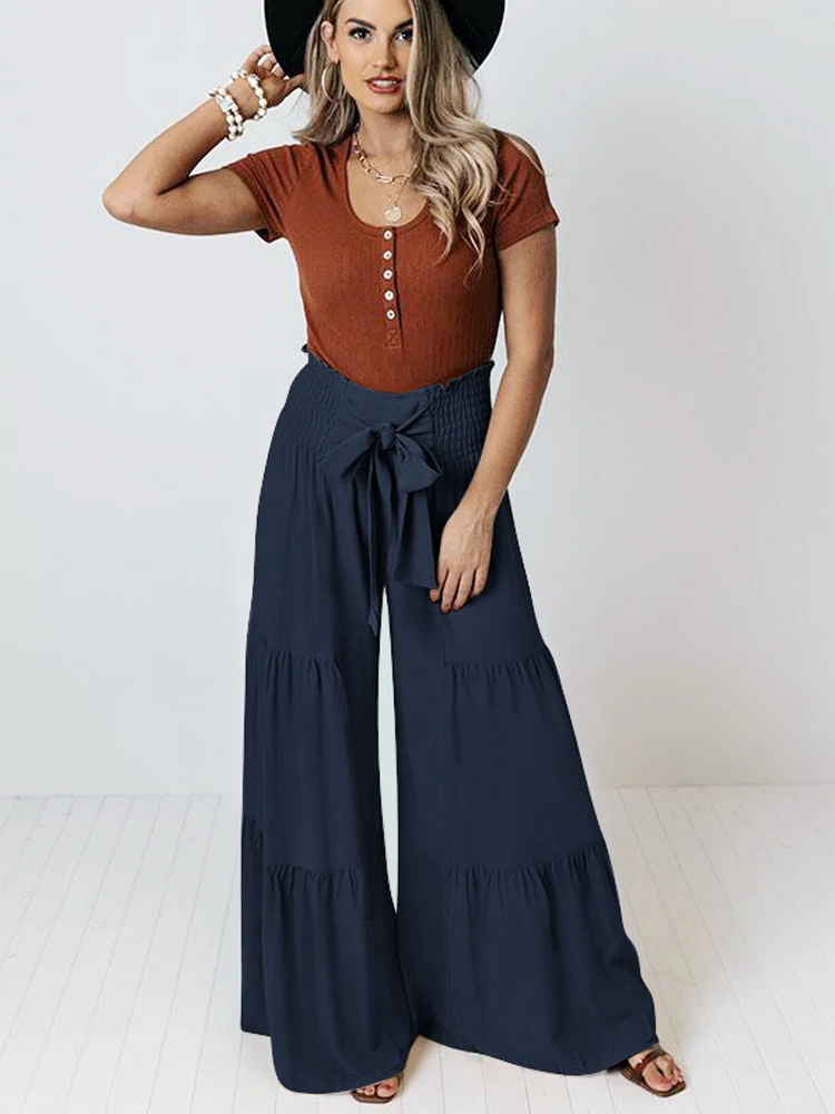 Top Trends: Casual Flared Wide Leg Pants Fashion Solid Pants Women Trousers Boho Elastic High Waist Lace Up Holiday Pants Shoppable Styles - Image 5