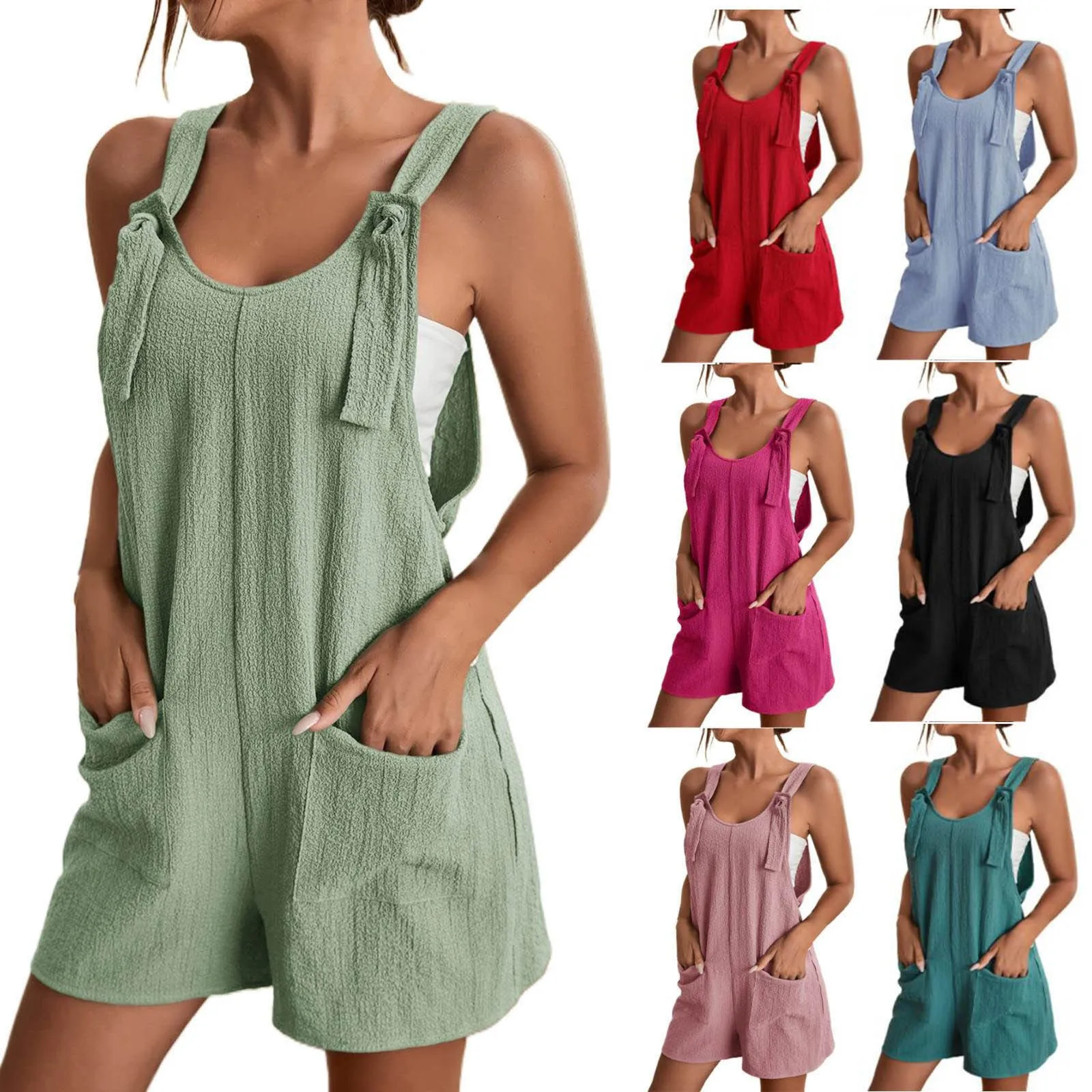 Top Trends: Women Loose Style Playsuits Overalls Boho Solid Color Dungarees Strap Playsuits Sleeveless Rompers Summer Casual Short Jumpsuit Shoppable Styles