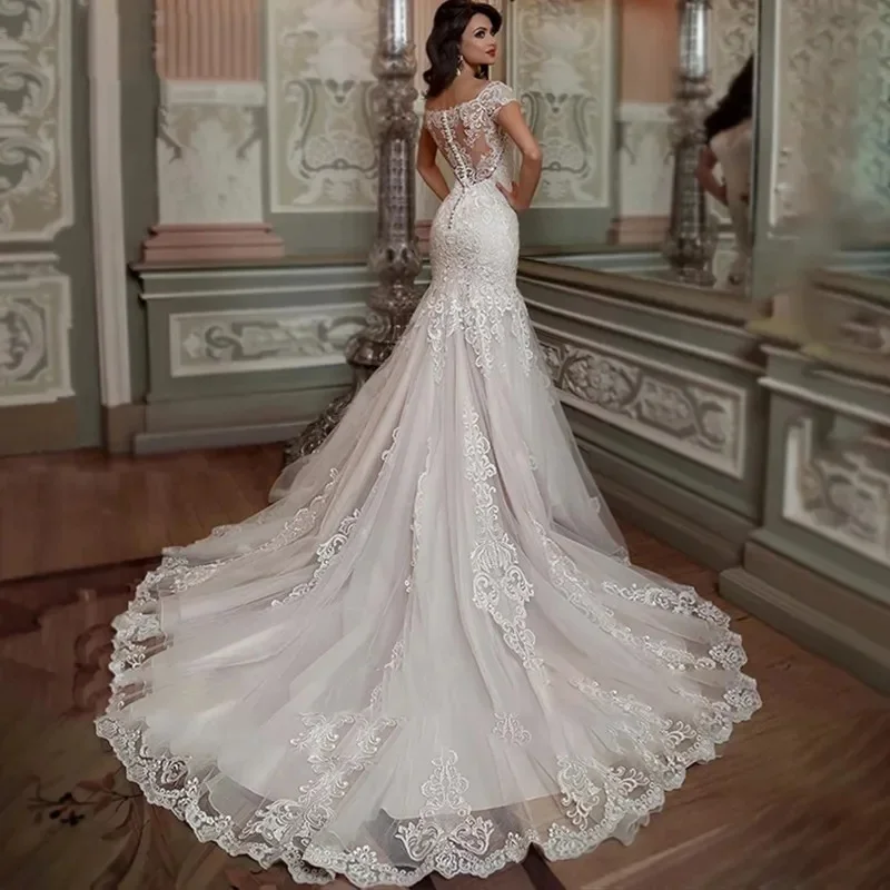 Elegant Mermaid Wedding Dresses Boat Neck Short Sleeve Lace Applique Bridal  Gown | eBay
