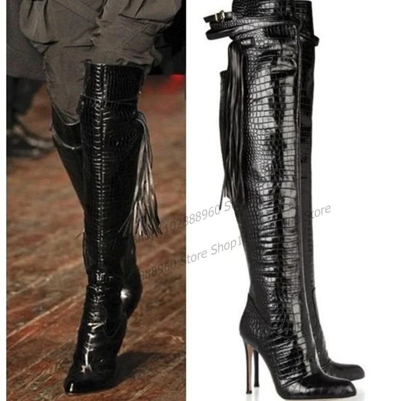 Top Trends: Knee High Black Alligator Skin Fringe Decor Boots Thin High Heel Women Shoes Side Zipper Pointed Toe 2023 Zapatos Para Mujere Shoppable Styles