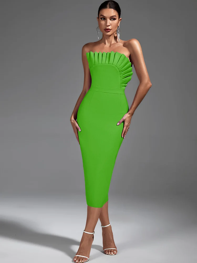 Top Trends: Green Bandage Dress Women Midi Party Dress Bodycon Elegant Ruffle Sexy Strapless Evening Birthday Club Outfits Summer Shoppable Styles