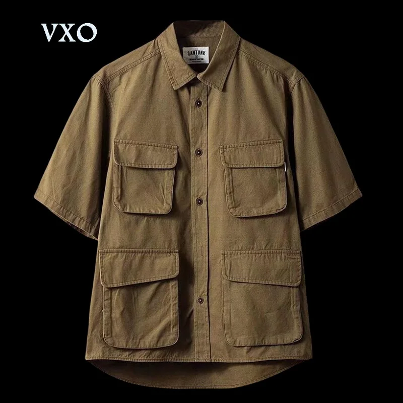 Top Trends: 5 / 4 Sleeve Work Shirt American-Style Elastic Cargo Short-Sleeved Retro Outdoor Multi-Pocket Shirt Four Pocket Shirts Asia Size Shoppable Styles